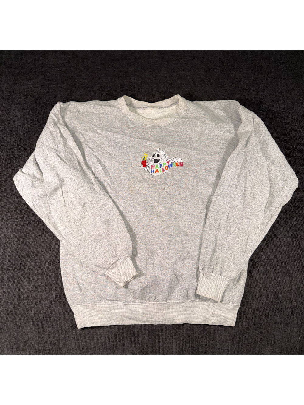 Vintage Gray Halloween Sweatshirt with Ghost Embroidery